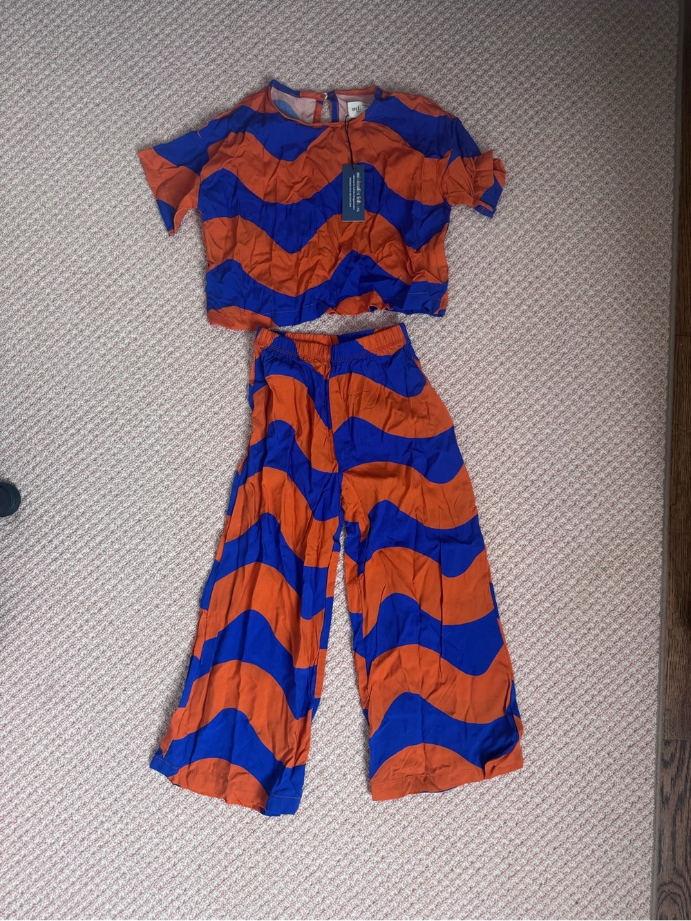 Kids Wide-Leg Two-Piece Set in Blue & Orange Wave Print Size 3T/3years